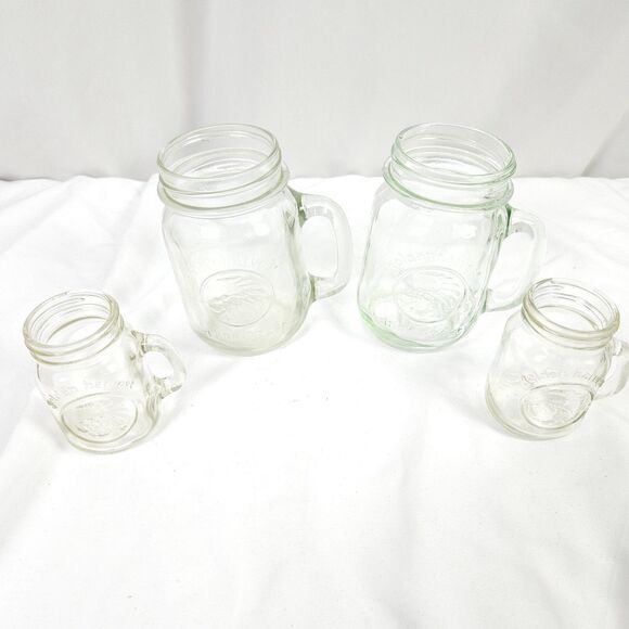 VTG Set of 4 Golden Harvest Mason Drinking Jar with Handles Green & Clear Glass - Picture 1 of 12